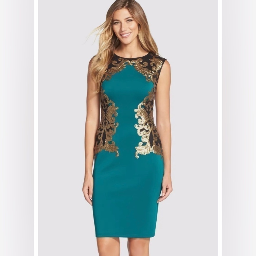 TADASHI Shoji Milana Sequin Neoprene Dress Green/Gold Size Small